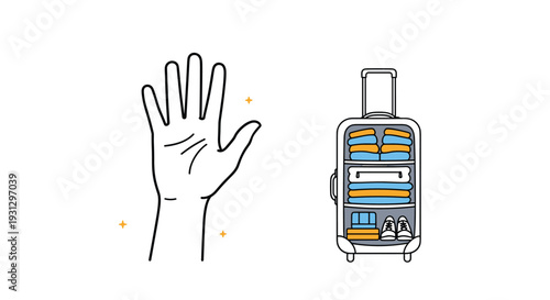 Hand reached out next to a suitcase packed with neatly folded clothes and shoes for a planned vacation or business trip.