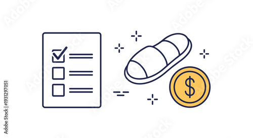 Checklist document next to a comfortable slipper and a dollar coin representing household budgeting and remote work expenses.