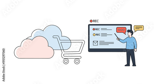 Video content creator presenting recorded lessons on a screen near clouds and a shopping cart for online course sales.