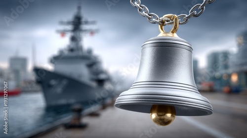 Wallpaper Mural A silver ship bell hangs from a chain near a navy vessel in a busy harbor setting Torontodigital.ca
