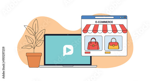 Laptop showing a video player next to a potted plant and an e-commerce window with various handbags for online shopping.