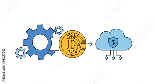 Rotating gears and a Bitcoin coin transferring data to a secured cloud storage with a dollar sign for crypto asset safety.