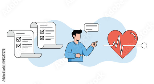 Man pointing at checklists and a heart with a pulse rate line representing health monitoring and medical wellness checks.