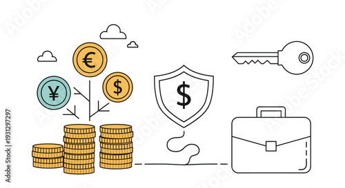 Stacked gold coins growing like a plant protected by a dollar shield and a key representing secure investment and growth.