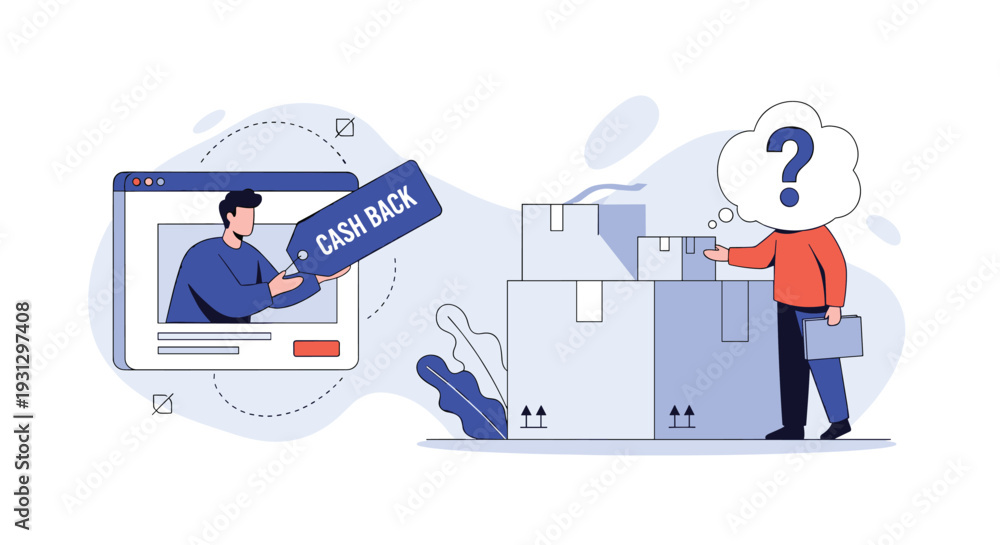 custom made wallpaper toronto digitalPerson with a question mark head looking at cardboard boxes next to a cash back tag for confused shoppers or order inquiries.