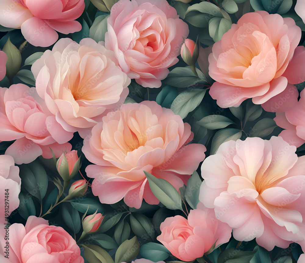 Fototapeta premium Elegant blooming rose repeatable pattern design with soft pink petals and green leaves elegant