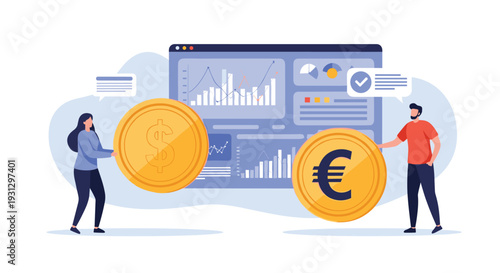 Two people holding large gold dollar and euro coins in front of a data visualization dashboard representing currency exchange.