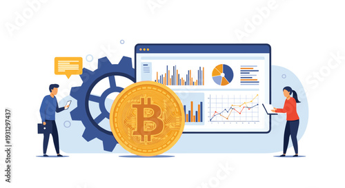 Large gold Bitcoin coin in front of a data analysis dashboard with two people and rotating gears representing crypto trade.