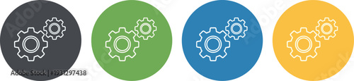 Gear Settings Icon Set in Circular Flat Design – System Configuration and Process Management Symbol