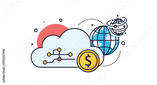 Cloud with network nodes, a gold dollar coin, and a globe with orbits representing global fintech and digital currency.