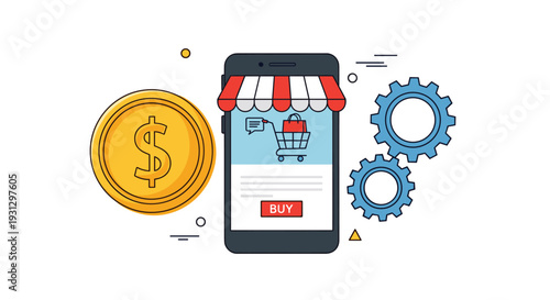 Mobile smartphone with a shop awning and cart next to a large coin and rotating gears representing e-commerce automation.