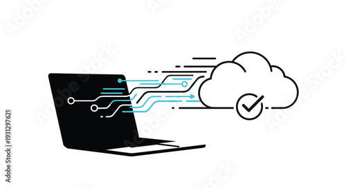 Black laptop silhouette with data lines moving towards a white cloud with a check mark for successful cloud synchronization.
