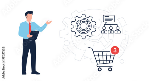 Professional businessman presenting a strategic plan with gears, a team hierarchy, and a shopping cart for retail growth.