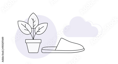Minimalist line drawing of a potted plant, a single slipper, and a soft cloud representing peaceful home life and comfort.