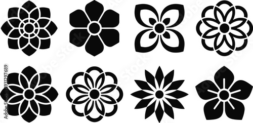 Minimal Black Floral Silhouette Icon Set – Decorative Flower Shapes Collection