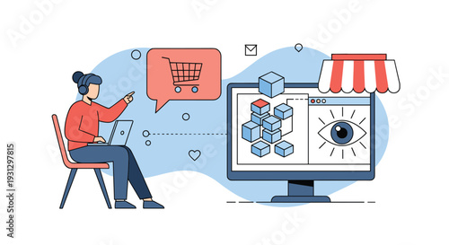 Modern e-commerce visualization featuring a woman using laptop for online shopping with digital storefront and tracking interface.