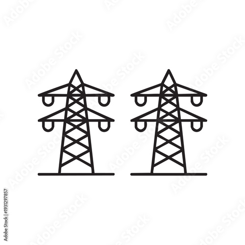 Two identical power transmission towers stand side by side against a clean background viewed from the front