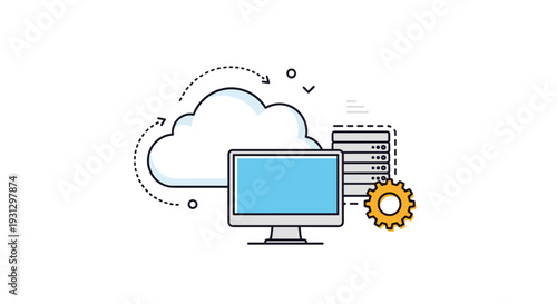 Cloud computing and data management architecture featuring computer monitor connected to servers and gear for system optimization.