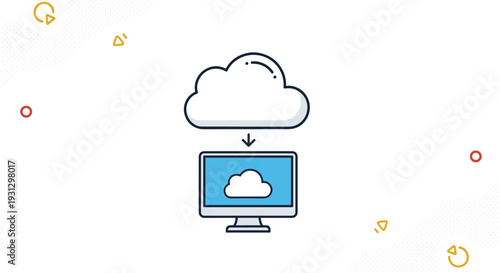 Cloud data download and digital information transfer concept depicting cloud server icon transferring files to a computer screen.