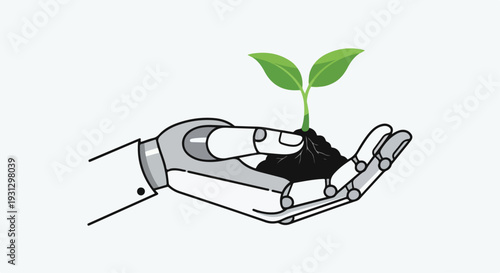 Robotic Hand Holding Small Green Plant Sprout in Soil for Green Technology and Sustainability Concept