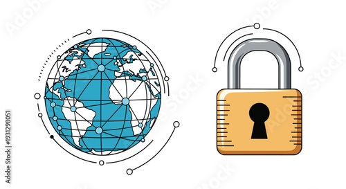 Global cybersecurity and internet data protection concept showing world globe with network connections and secure gold padlock.