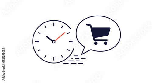 Time management and urgent shopping communication concept featuring clock icon with shopping cart in a speech bubble.