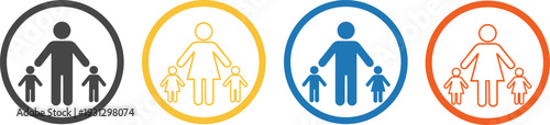 Parent and Children Family Icon Set – Mother and Father with Kids in Circular Flat Design