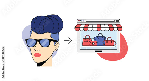 Virtual fashion retail and accessory shopping concept featuring a stylish woman and digital monitor displaying handbags.
