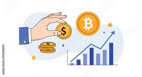 Cryptocurrency investment and traditional finance comparison featuring hand with dollar coin bitcoin and rising growth chart.