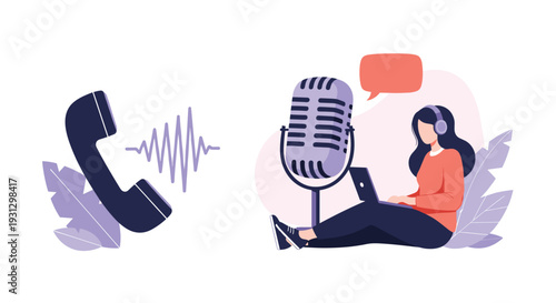Customer support and podcast production concept featuring phone communication waves and woman using professional microphone.