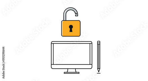 Digital content creation and open access security concept showing unlocked padlock computer screen and writing tool.