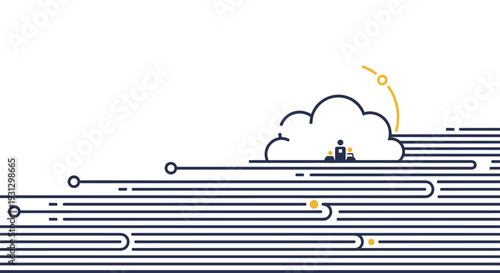 Cloud based workforce and remote team collaboration concept featuring people icons on cloud with data connection lines.