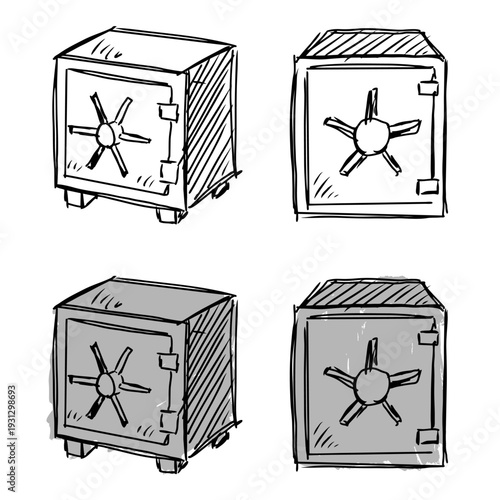Set editable sketch drawing vault bank vector for finance blogs. Ideal for symbolizing sketchy wealth security, rough investment protection, and hand drawn safe deposit concepts.
