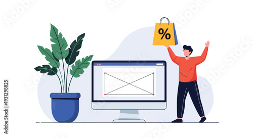 Cheerful man holding a shopping bag with a percentage sign next to a desktop computer and green plant for online retail promotions.