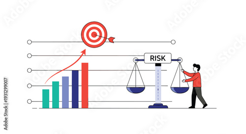 Person balancing a scale with a risk label next to a bar chart with an arrow hitting a target for business strategy and growth assessment.