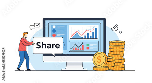 Man pushing a share button bubble against a computer monitor showing data analytics and stacks of coins for financial information sharing.
