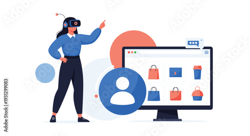 Woman wearing virtual reality goggles pointing toward a computer screen showing retail items for an immersive metaverse shopping trip.