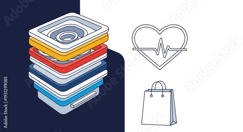 Stack of colorful isometric trays next to a heart pulse line and a shopping bag for health-conscious organization and retail concepts.