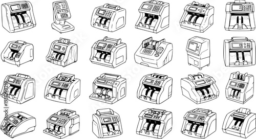 Collection of line art illustrations featuring various money counting machines and banknote sorters, depicting different designs and models for financial operations.