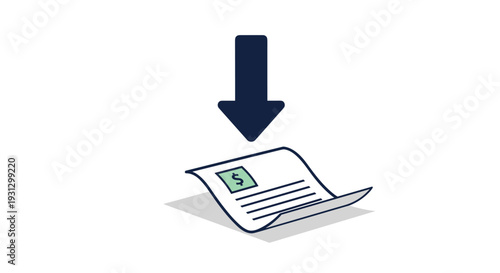 Large dark blue arrow pointing down toward a document with a green dollar sign for downloading financial reports or digital invoices.