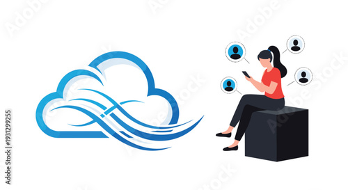 Blue cloud icon with wind patterns next to a woman sitting on a cube using a smartphone for social media networking and connectivity.