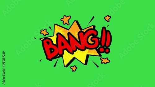 Comic explosion bang text animation with stars on green screen background 2d art