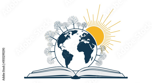 Globe with trees growing from the top resting on an open book under a bright sun for environmental education and global sustainability.