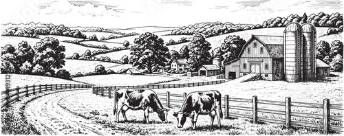 Vintage Farm Landscape Illustration – Rustic Countryside Barn Engraving Style Vector