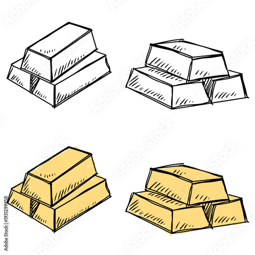 Set editable sketch drawing gold vector for investment sites. Ideal for symbolizing rough premium wealth, sketchy precious metal trading, and hand drawn luxury asset concepts.