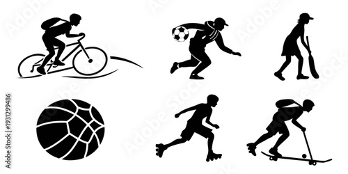 Illustrations of various sports and activities featuring silhouettes of people engaged in different physical exercises.