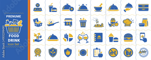 Food and Drink Icons Collection with Various Food Items Utensils and Restaurant Symbols Isolated on White Background