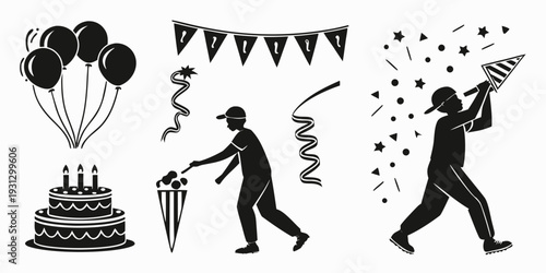 A collection of black and white illustrations depicting various celebration activities