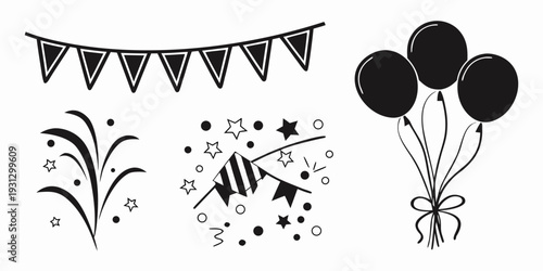 A variety of black and white party decorations including balloons, streamers, and confetti.