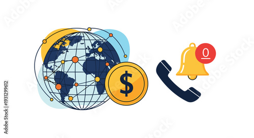 Global financial communications and customer support icon set with network globe and dollar currency symbol for business.